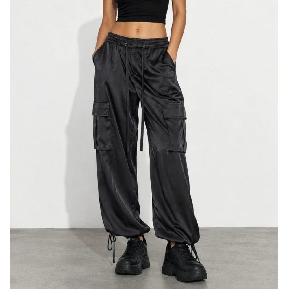Sanctuary Eve Drawstring Satin Cargo Pant Size 30 Black Streetwear Utility Baggy